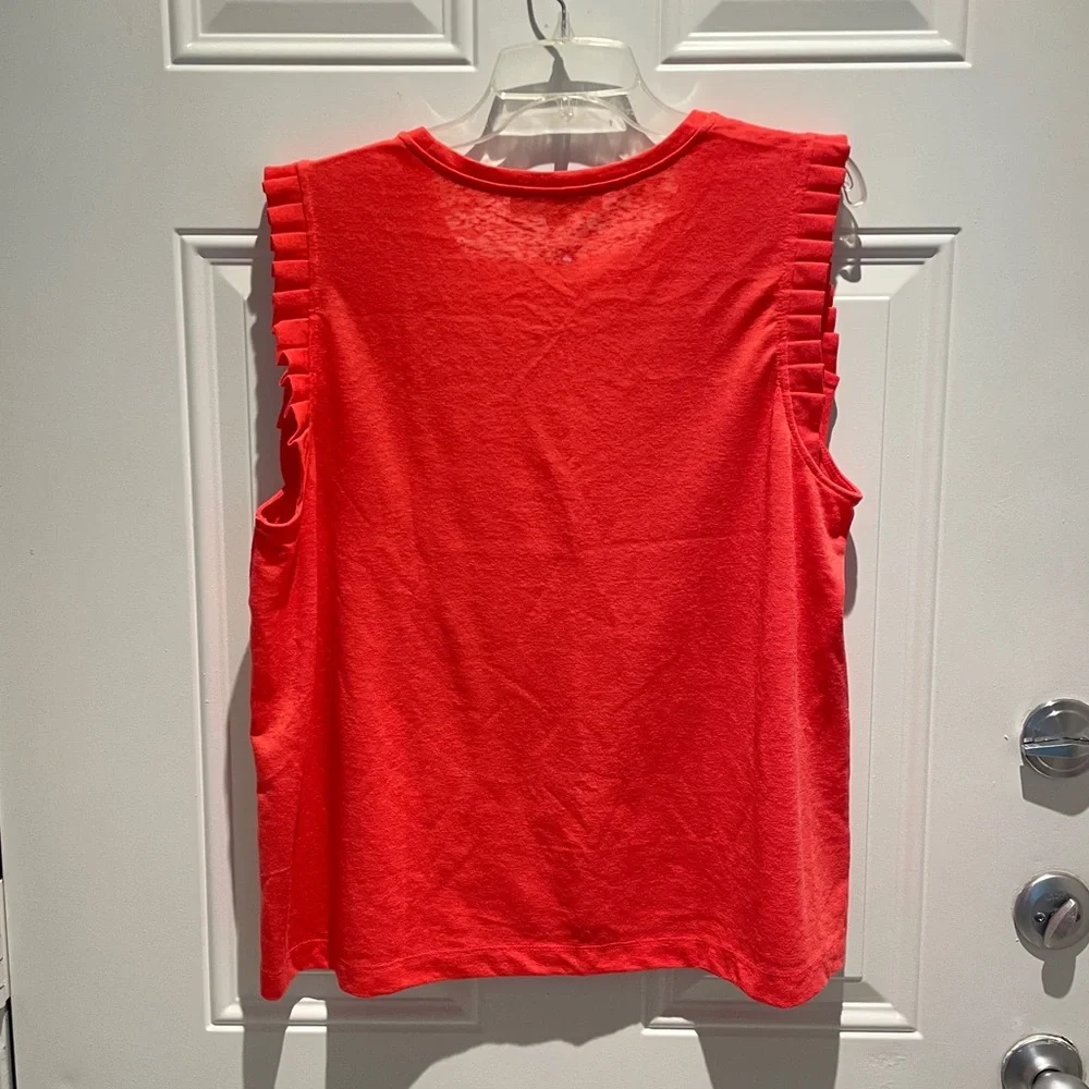 LOFT Coral Red Orange Solid Ruffle Trim Crew Neck Sleeveless Top Size XL - NEW - Picture 7 of 8